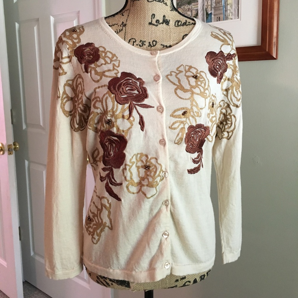 SOLD - Garnet Hill Merino Wool Eco Cream Floral Cardigan